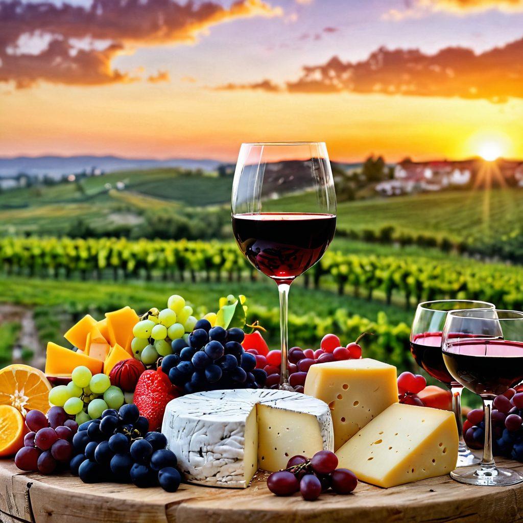 An elegant wine glass filled with rich red wine, surrounded by a variety of delicious cheeses and fresh fruits, with a softly blurred vineyard in the background. A warm sunset casts golden hues over the scene, creating an inviting atmosphere for a joyful wine tasting experience. Add subtle hints of celebration with soft fairy lights in the background. super-realistic. vibrant colors. warm tones.
