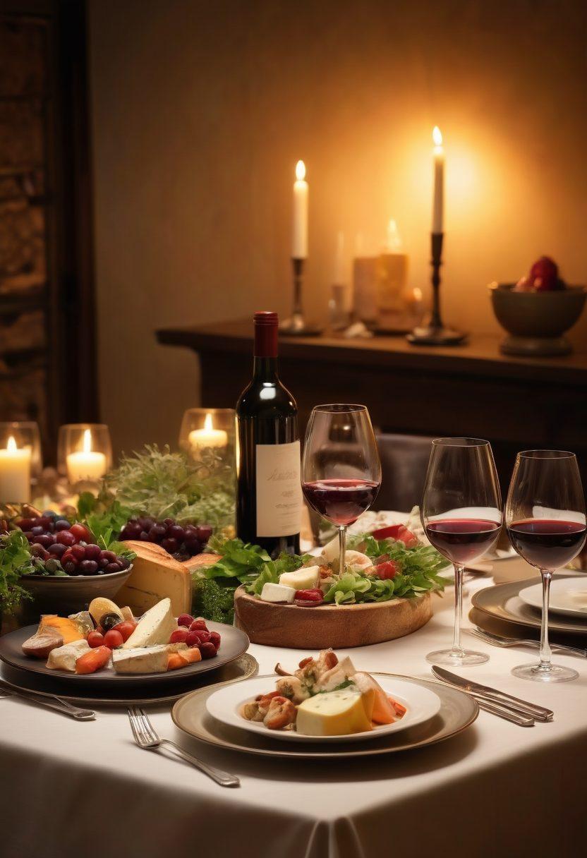 A beautifully set dining table with elegant wine glasses filled with deep red and crisp white wines, surrounded by exquisite gourmet dishes like artisan cheeses, fresh seafood, and colorful salads. Soft candlelight casts a warm glow over the scene, highlighting the textures of the food and the richness of the wines. A backdrop of a cozy, upscale restaurant ambiance with soft focus brings intimacy and allure to the composition. super-realistic. warm tones. elegant atmosphere.