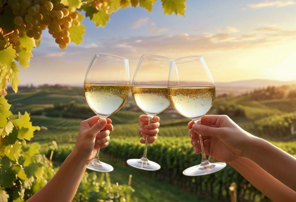 A jubilant scene of friends clinking wine glasses, surrounded by lush vineyards and celebratory decorations, soft sunset light casting a golden hue over the landscape. Bubbles rising from the glasses to symbolize joy and festivity, with grapes and wine bottles artfully arranged in the foreground. Elegant vineyard backdrop with rolling hills and a sky painted in warm colors. super-realistic. vibrant colors. 3D.